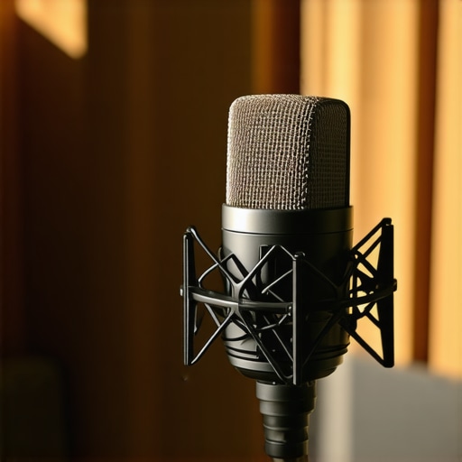Durable Professional Microphone in Acoustic Studio Close-up of a high-end microphone in a treated studio environment