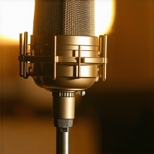 Close-up of a professional condenser microphone with advanced diaphragms and gold plating, studio background