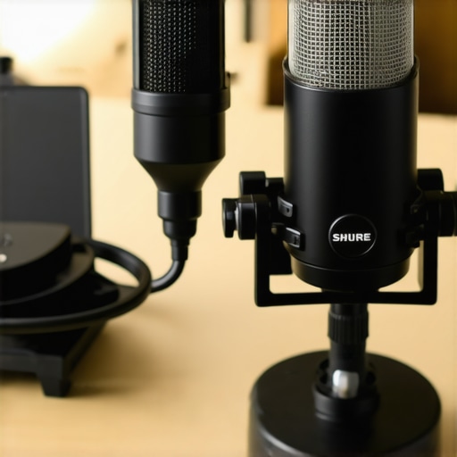 Side-by-side image of Shure SM7B and Blue Yeti microphones on a desk