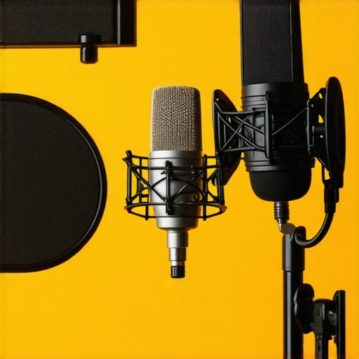 Optimal Microphone Placement for Clear Audio Podcasting microphone setup with pop filter and soundproofing for high-quality recording.