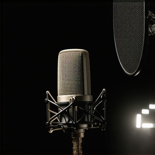 Professional Podcast Microphone Setup Close-up of a professional podcast microphone with pop filter in a studio setting