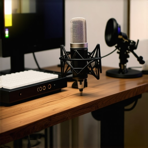 Professional Podcasting Microphone Setup High-end microphone with audio interface in a recording studio environment