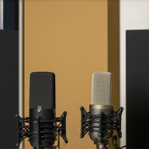 High-quality microphone with acoustic panels and reflection filter in a studio environment.