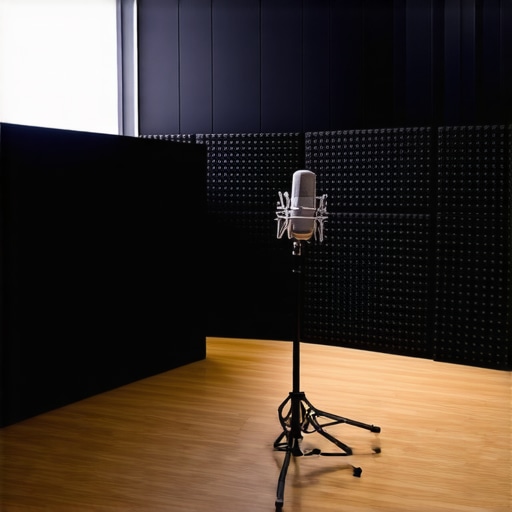 A high-end podcasting studio with acoustic treatment and a premium microphone