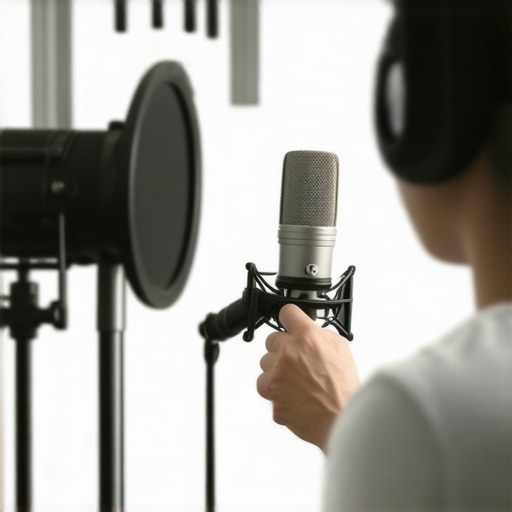 Person adjusting microphone placement in a sound-treated room