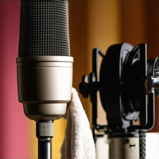 Person cleaning a microphone with a brush and cloth in a recording studio.