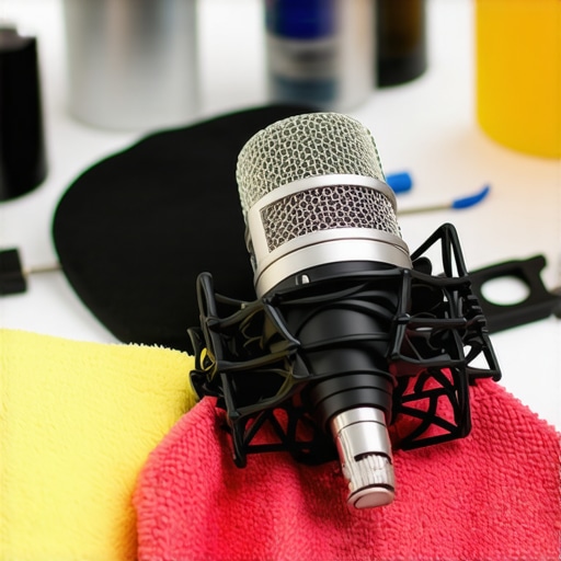 A person cleaning a microphone with a microfiber cloth, surrounded by cleaning brushes and accessories.