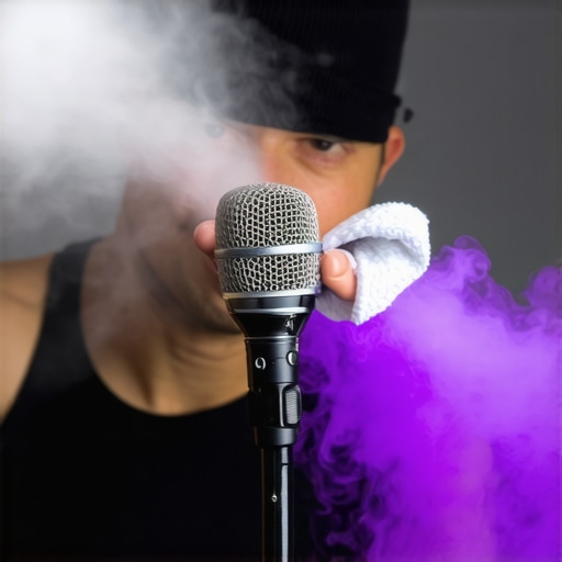 Person cleaning microphone with cloth and compressed air to ensure optimal performance.