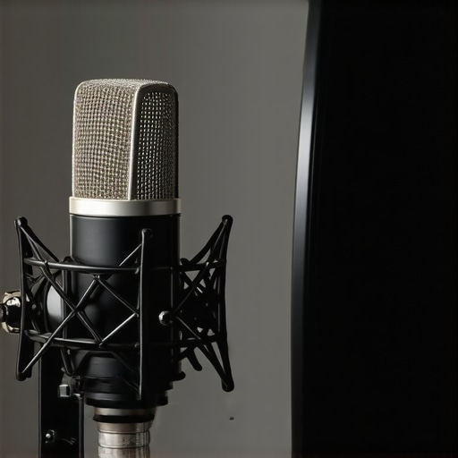 Microphone setup for streaming Close-up of a professional microphone with pop filter in a studio environment
