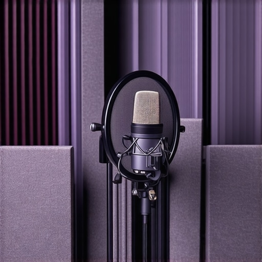 A clean and professional podcast recording studio with microphone, pop filter, and acoustic panels.