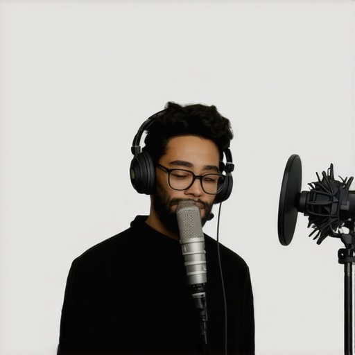 Person adjusting a professional XLR microphone in a home studio.