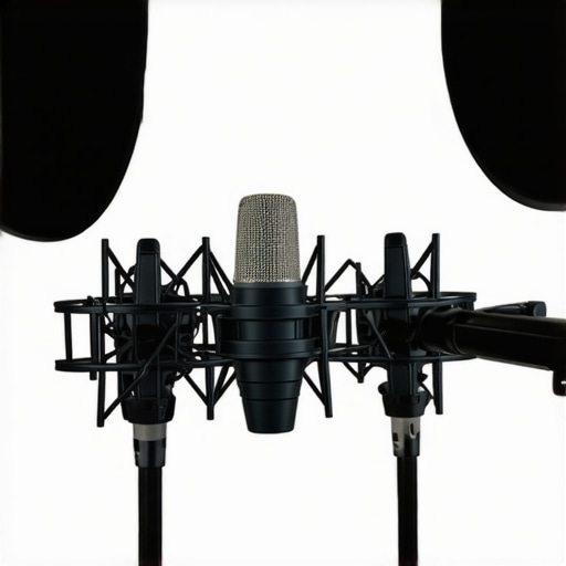 A microphone with pop filter, acoustic panels, and proper positioning for optimal audio quality.