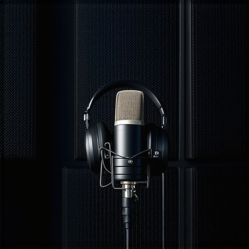 Studio microphone setup with acoustic treatment and headphones