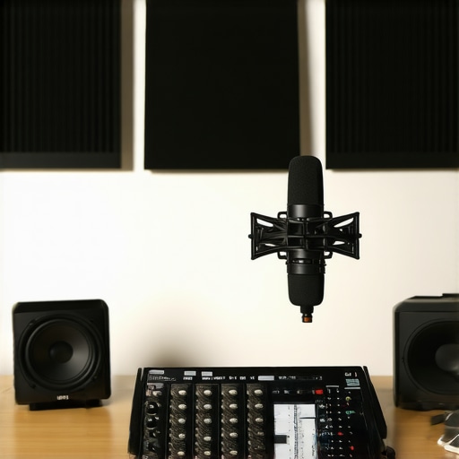 High-quality microphone on a boom arm with audio interface and soundproof panels