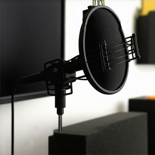Setup of a professional microphone with pop filter and soundproofing for clear streaming audio