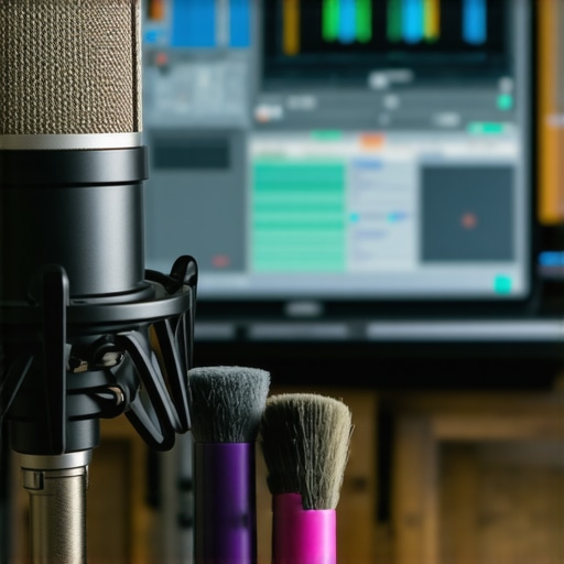 Maintaining Your Microphone Setup for Long-Term Quality Image showing microphone maintenance with cleaning supplies and audio software on a laptop.