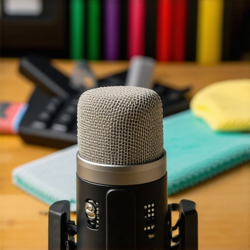A person cleaning a microphone with a microfiber cloth, illustrating equipment upkeep for voice recording.