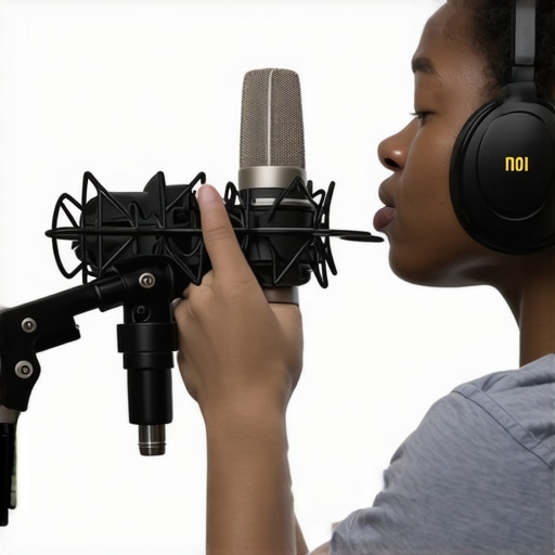 Close-up of a microphone on a boom arm with soundproof panels around it.