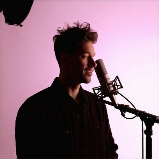 Professional Recording Setup A person in a studio using a condenser microphone with pop filter for clear voice recording.