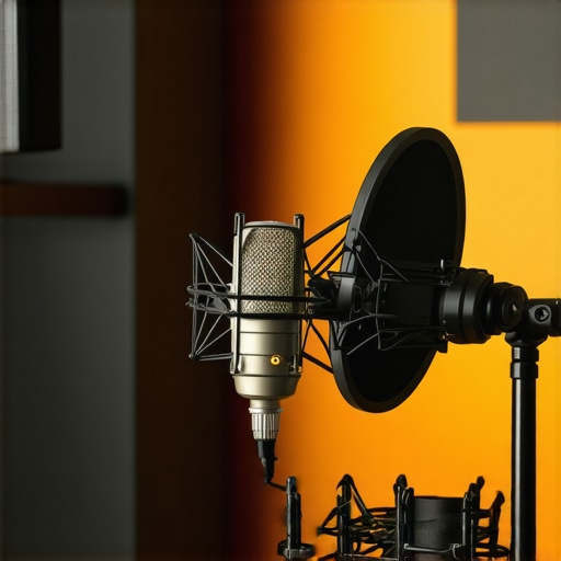Advanced podcasting setup with proper acoustics and gear A professional podcasting environment showing a high-quality microphone, audio interface, and acoustic foam panels