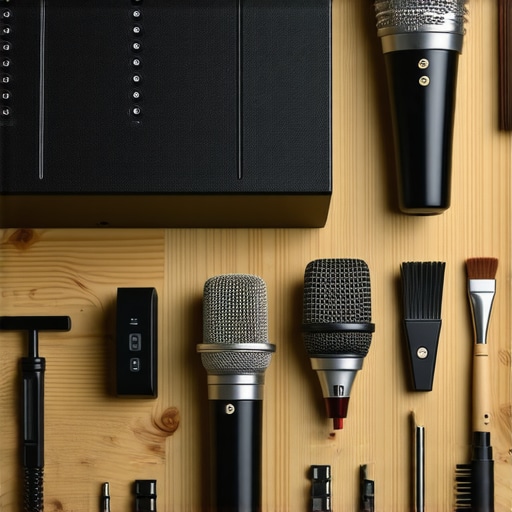 Audio Equipment Maintenance Professional audio gear being cleaned and maintained with brushes and cloths.