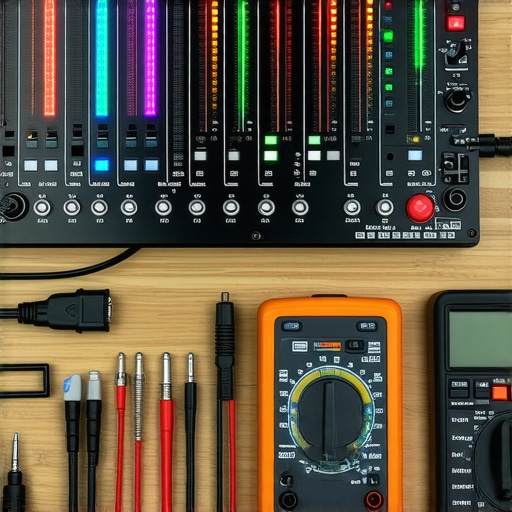 Essential Tools for Microphone Maintenance Close-up of audio equipment including a multimeter, cables, and audio interface for maintaining recording setups.