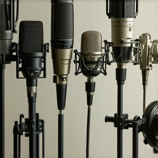 Studio microphones including dynamic and condenser mics arranged for testing.