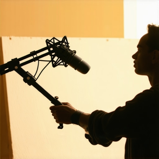 Person positioning microphone using boom arm in a foam-lined room