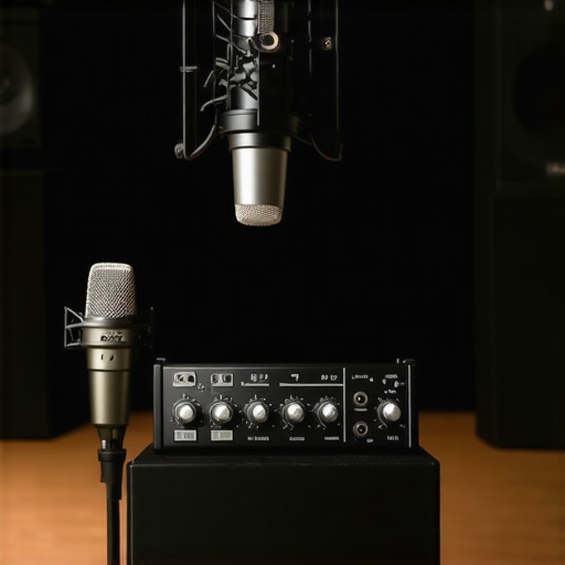 Two professional microphones, one XLR and one USB, connected to an audio interface, with acoustic foam panels in a recording studio.