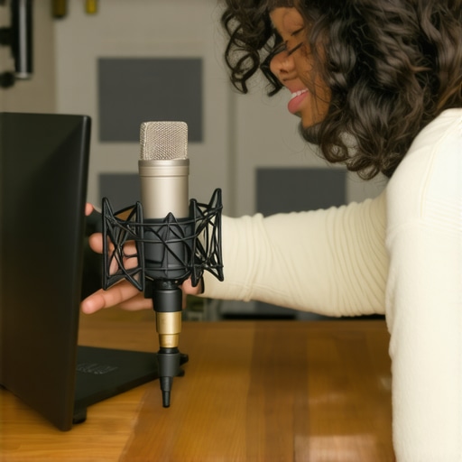 Person fine-tuning a USB microphone in an organized studio environment