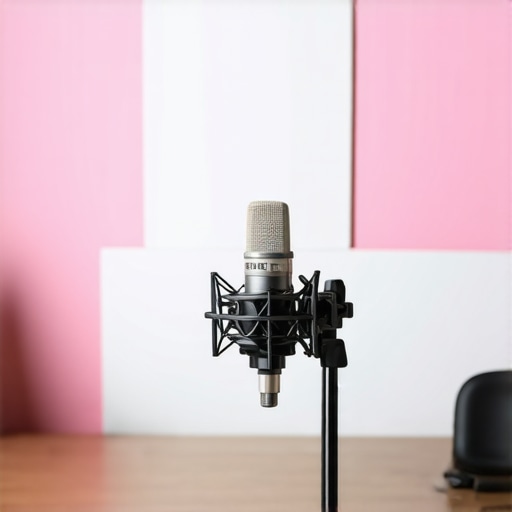 Microphone on a desk surrounded by soundproof foam panels demonstrating a typical podcast recording setup.