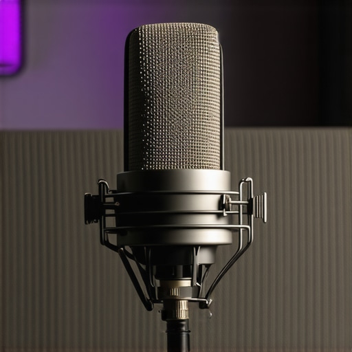 Podcasting Microphone Setup with Acoustic Treatment Close-up of a microphone with soundproof panels in background.