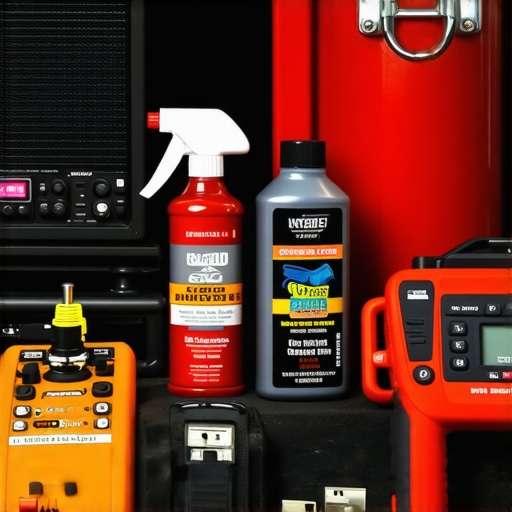 Professional Voice Gear Maintenance Tools and devices used for maintaining voice recording equipment, including compressed air, contact cleaner, and audio interfaces.