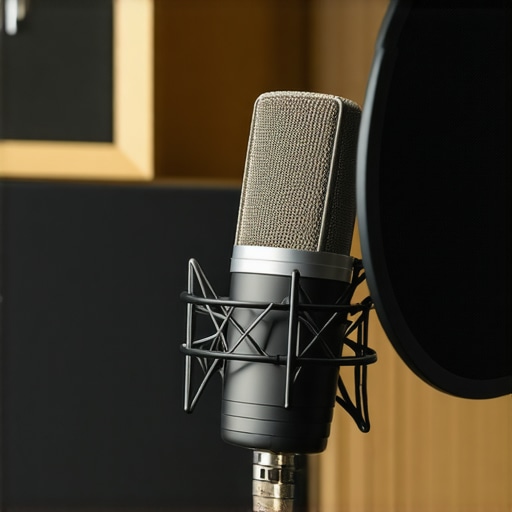 A professional podcast microphone with pop filter and soundproof foam panels