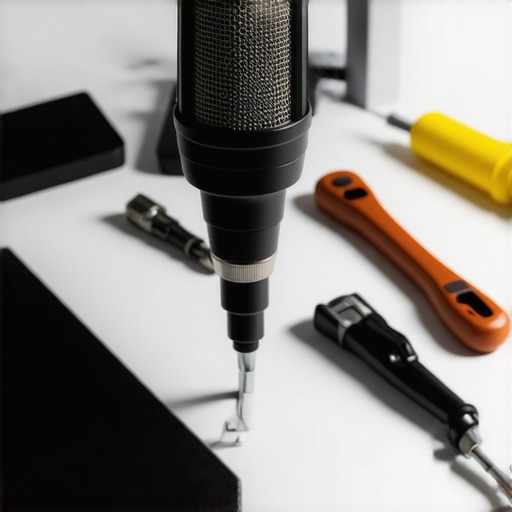 Detailed view of microphone and maintenance tools on a workspace