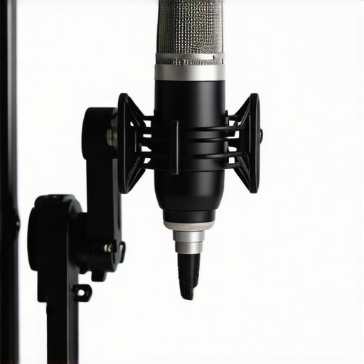 A detailed shot of a microphone mounted on a boom arm with neatly managed cables in a streaming studio