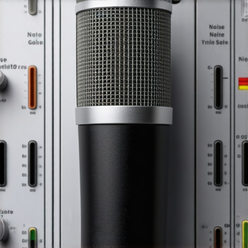 Close-up of microphone gain knob and noise reduction interface for clear audio recording.