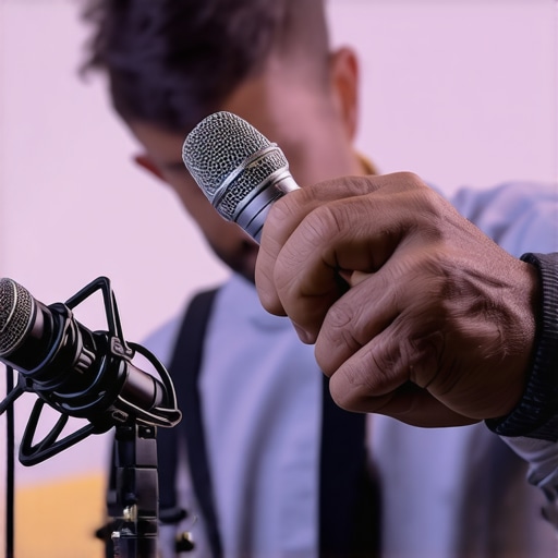 A technician inspecting and cleaning XLR microphones and cables in a recording studio.