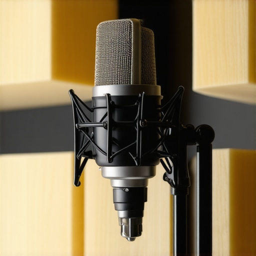 A professional microphone in a studio corner with foam panels for soundproofing.