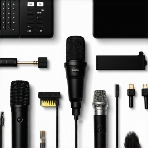 Close-up image of microphone, audio interface, and cleaning brushes on a desk